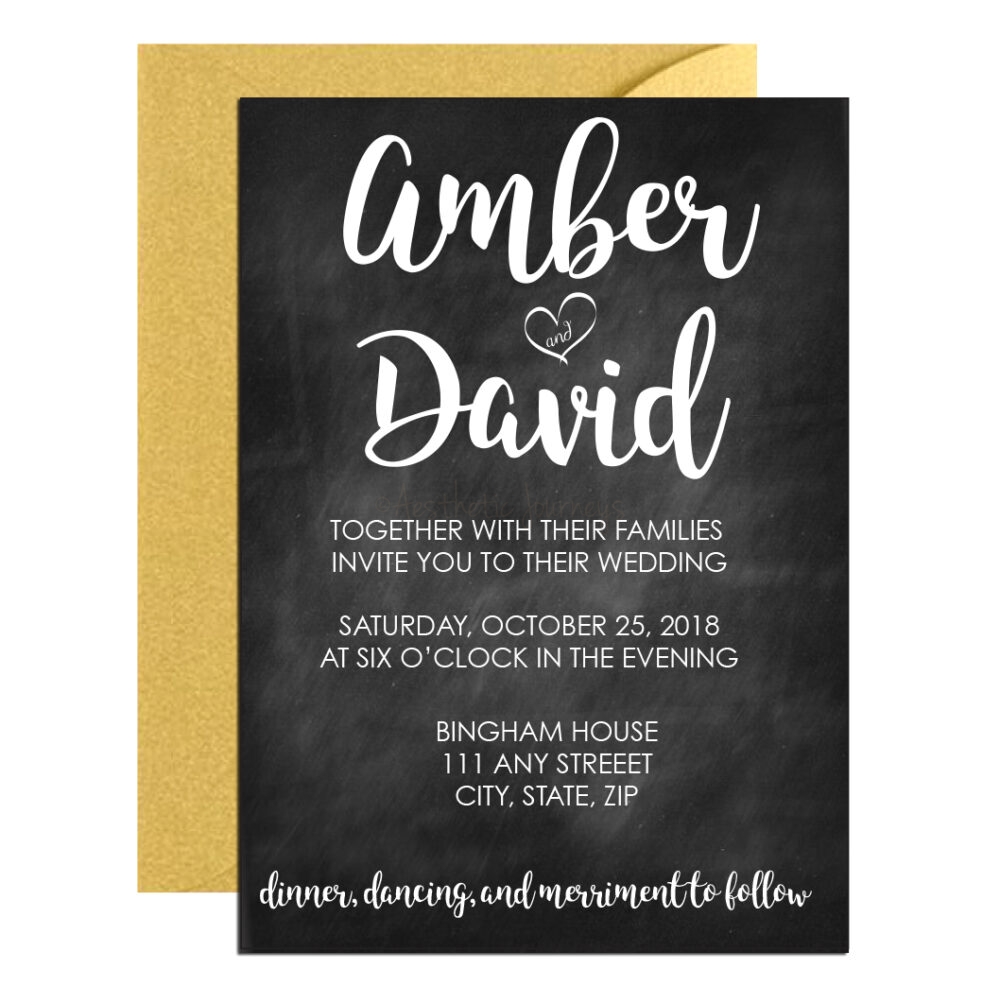 Chalkboard invite for wedding with gold envelope on white background