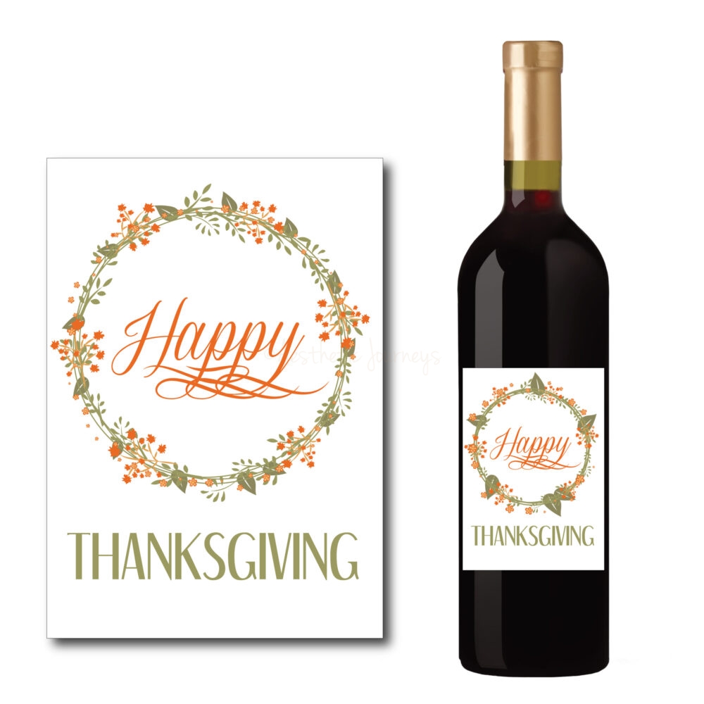 Floral Happy Thanksgiving printable labels for wine on white background