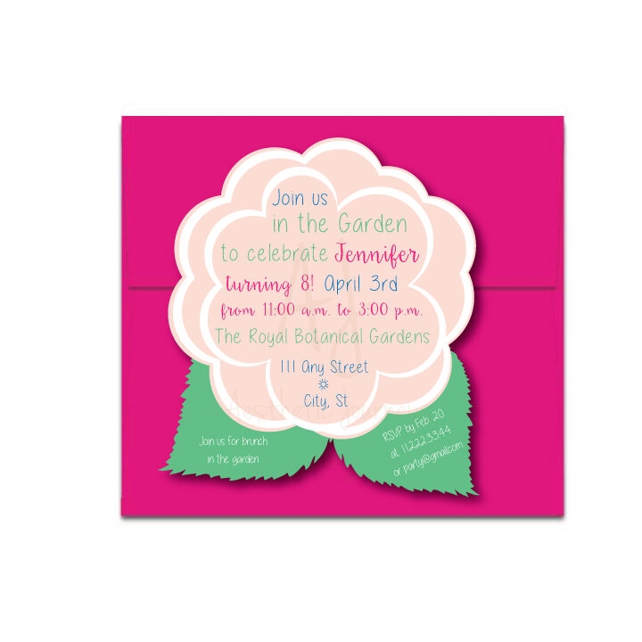 Garden birthday Party Invite in flower shape with pink envelope on white background