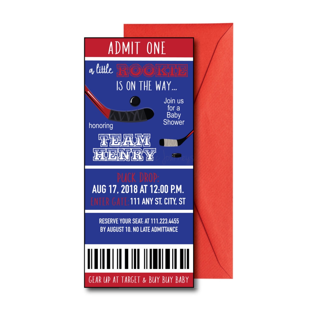Hockey party invite for Baby Shower on white background with red envelope