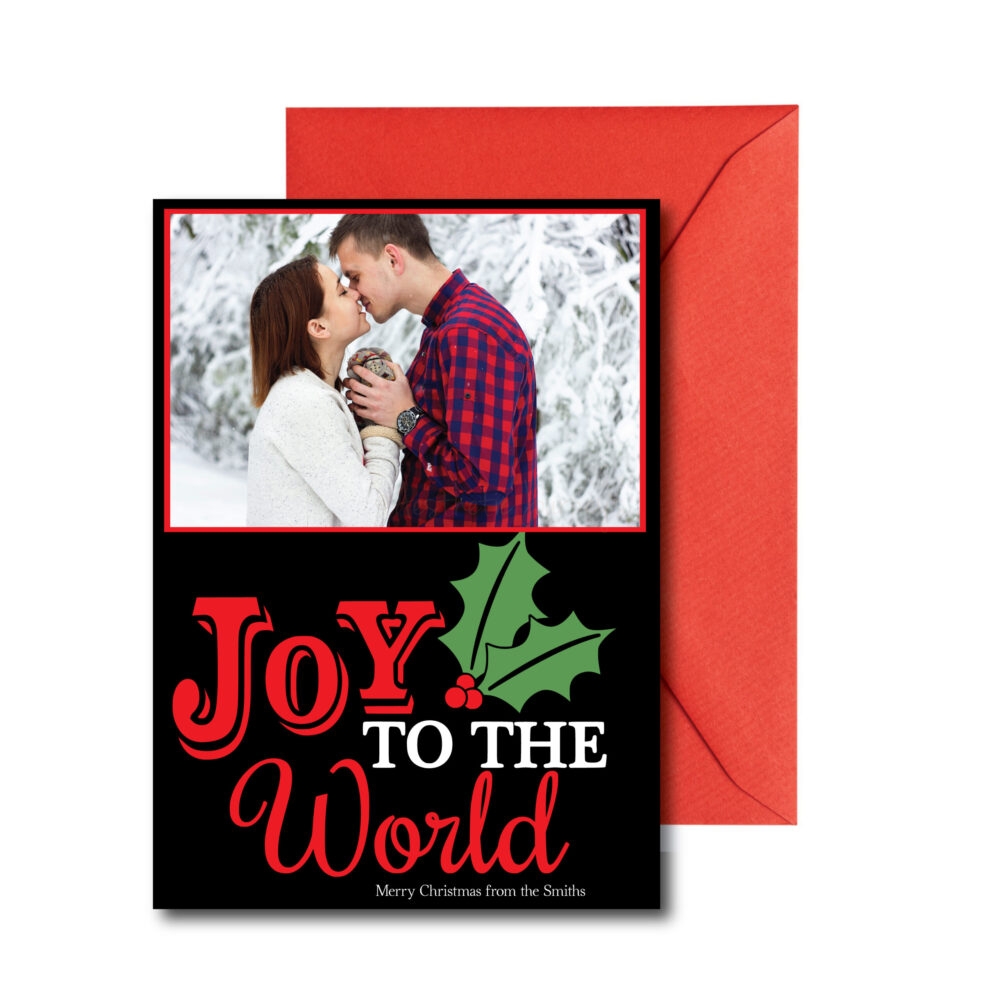 joy to the world christmas card on white background with red envelope