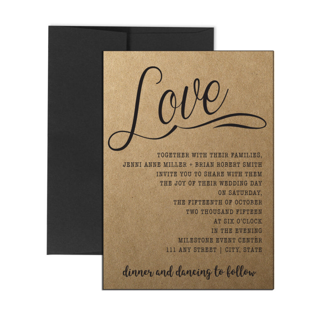 personalized wedding invites with Rustic Cursive design on white background with black envelope