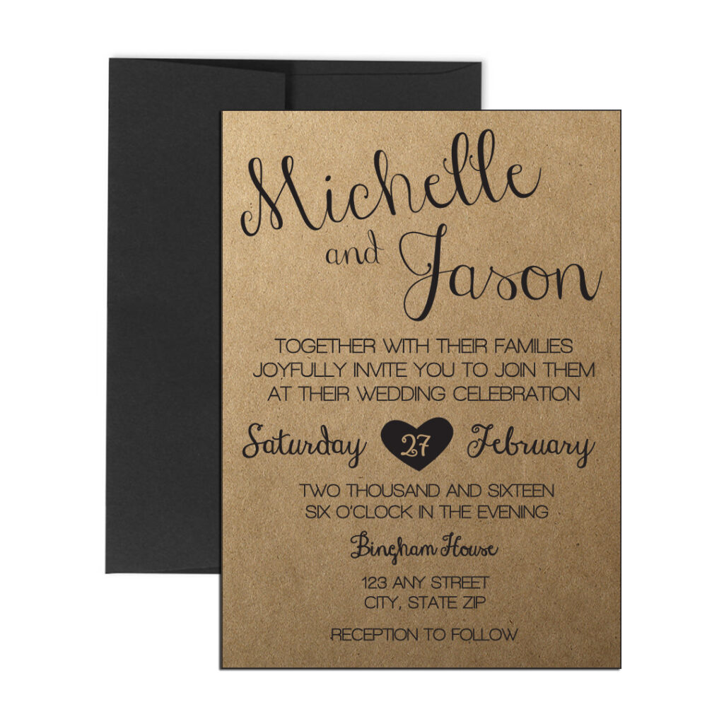 Cursive Rustic Wedding Invitation suite on white background with black envelope