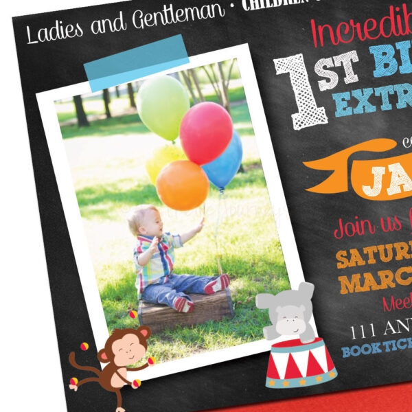 Circus Themed Invitation with Envelopes | Chalkboard Printed Birthday Invites with Envelopes | Custom Colors Available