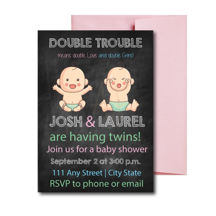double trouble twins invite for baby shower on white background with pink envelope