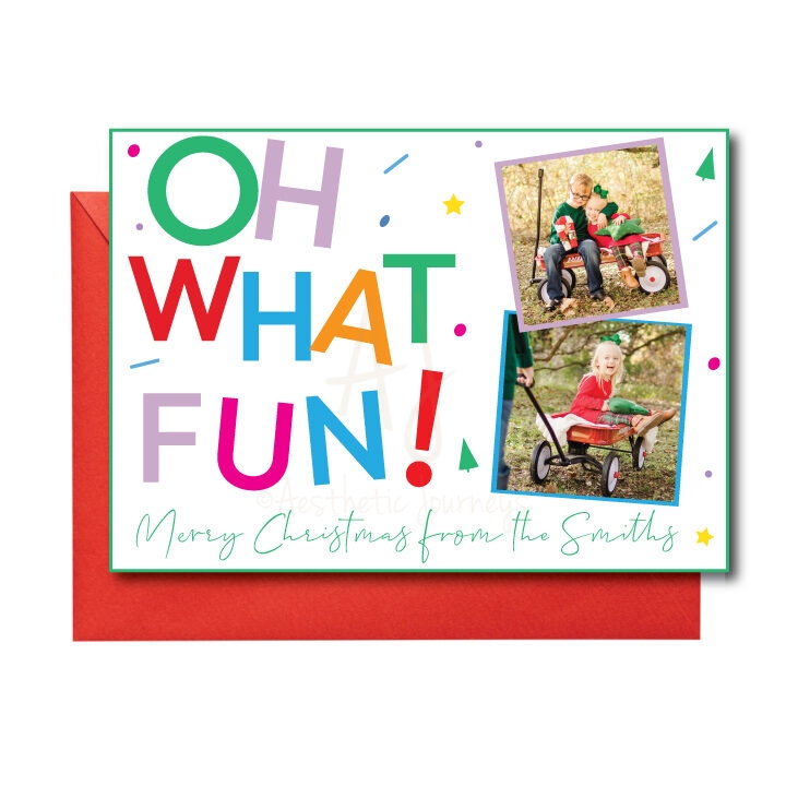 Oh What Fun Christmas Card on white background with red envelope